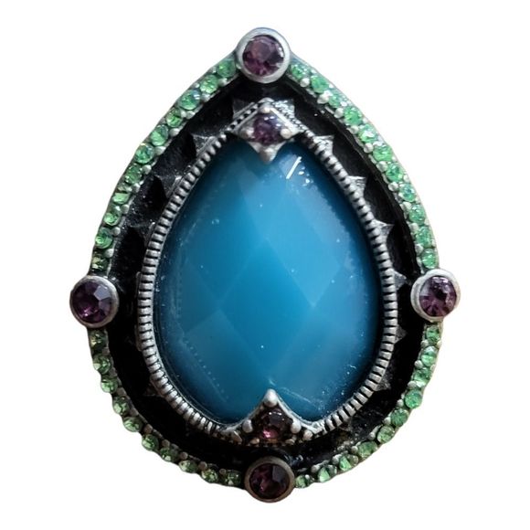 Antiqued Pewter-Tone Multi-Color Crystal Renaissance Ring Sz 7 Adjustable - Picture 1 of 6